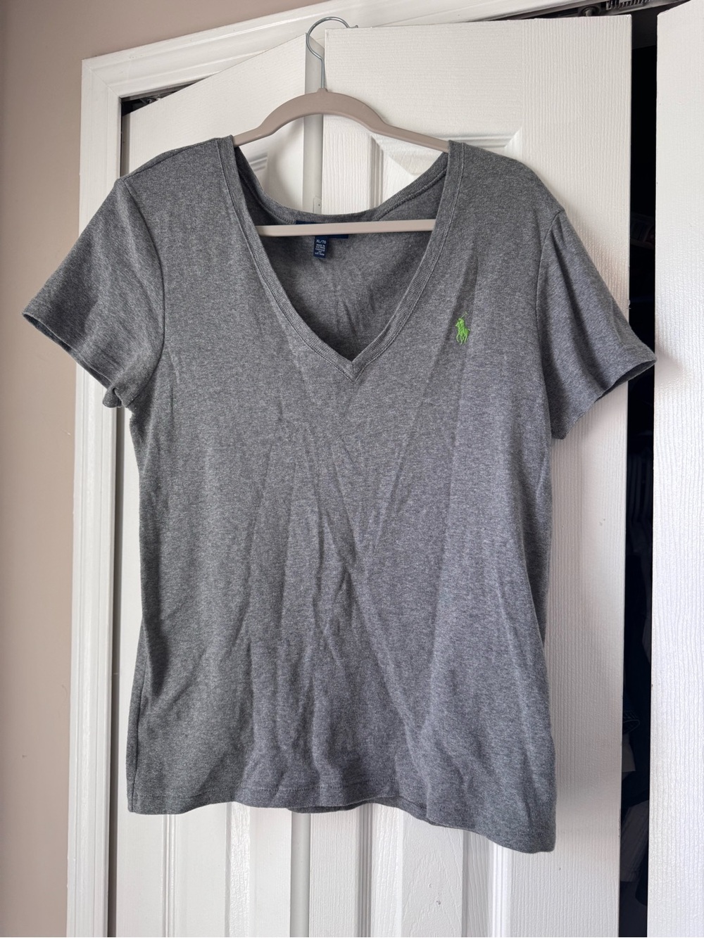 Ralph Lauren Grey V Neck Tee Short Sleeve Lime Green Pony Logo T Shirt XL